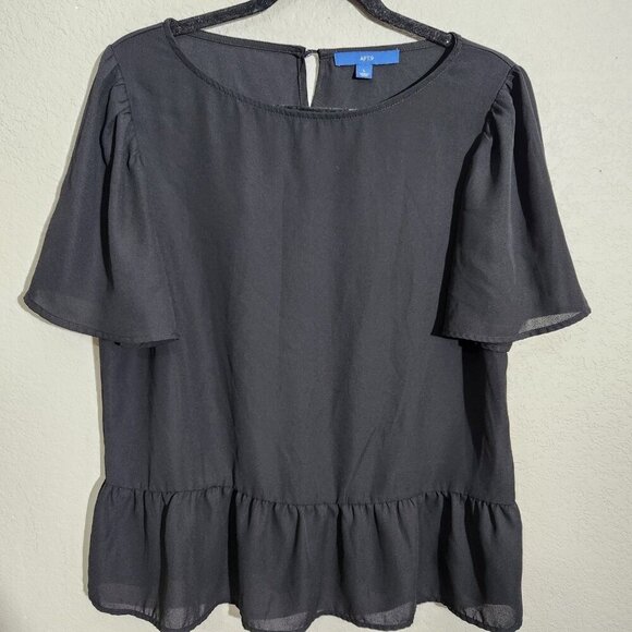 APT 9 Shirt Womens Large Black Short Sleeve Ruffle Hem Blouse Lightweight Top - Picture 1 of 6